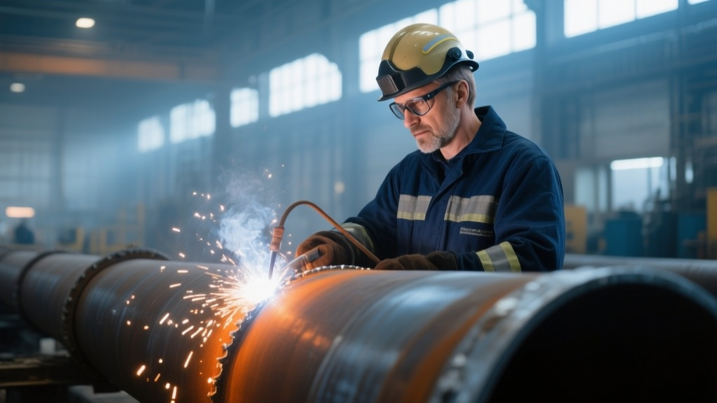 Визуальный контроль сварного шва на трубопроводе в промышленном цеху